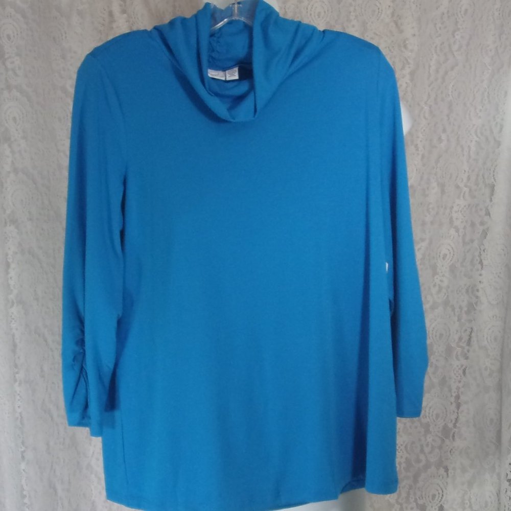 Kim Rogers Knit Gathered Turtleneck and sleeve Turquoise Blue